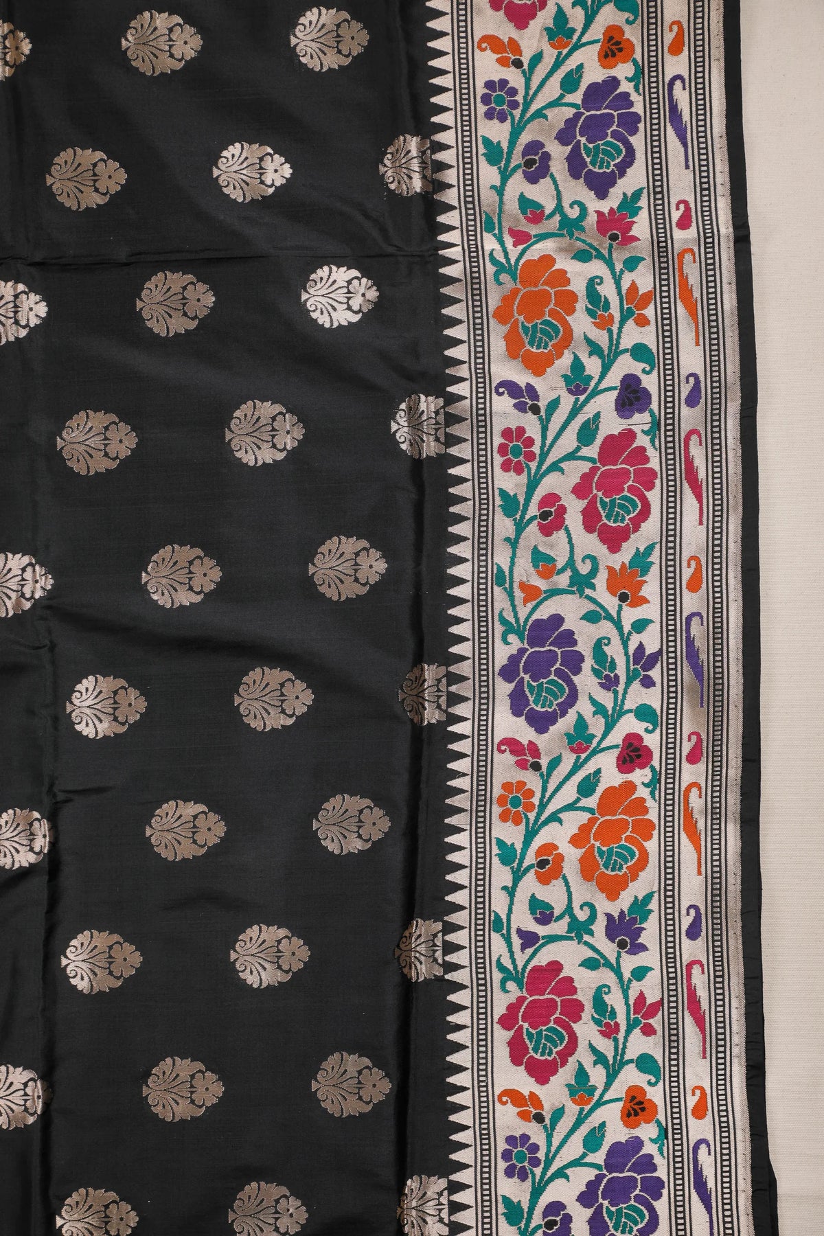 Black Handloom Benarasi Pure Silk Saree with Multicoloured Meenakari