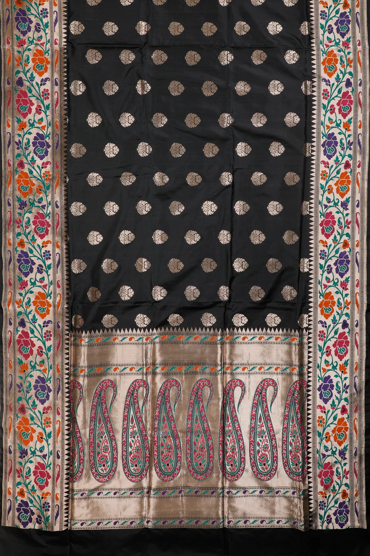 Black Handloom Benarasi Pure Silk Saree with Multicoloured Meenakari