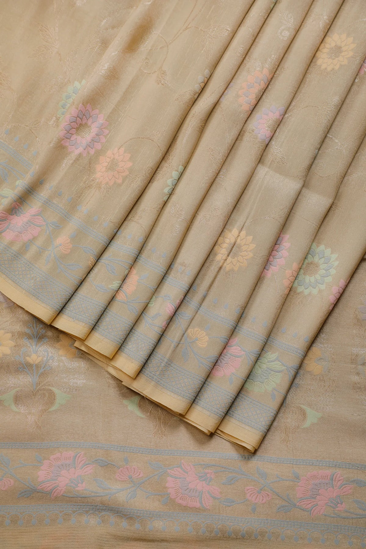 Cream Handloom Benarasi Tussar Moonga Pure Sillk Saree