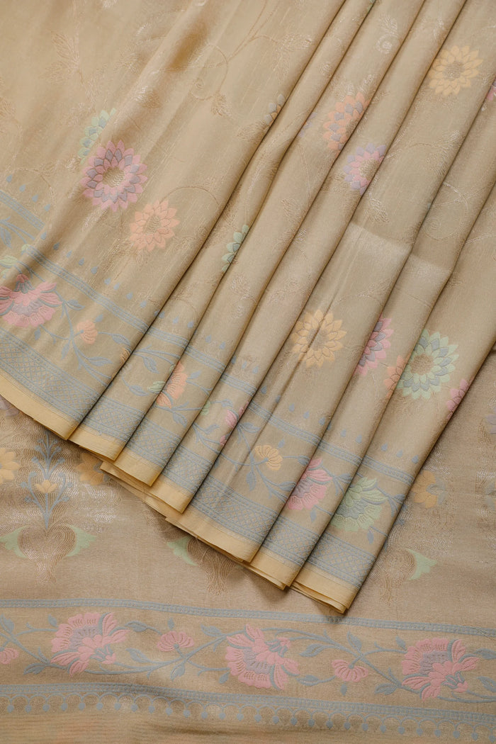 Cream Handloom Benarasi Tussar Moonga Pure Sillk Saree