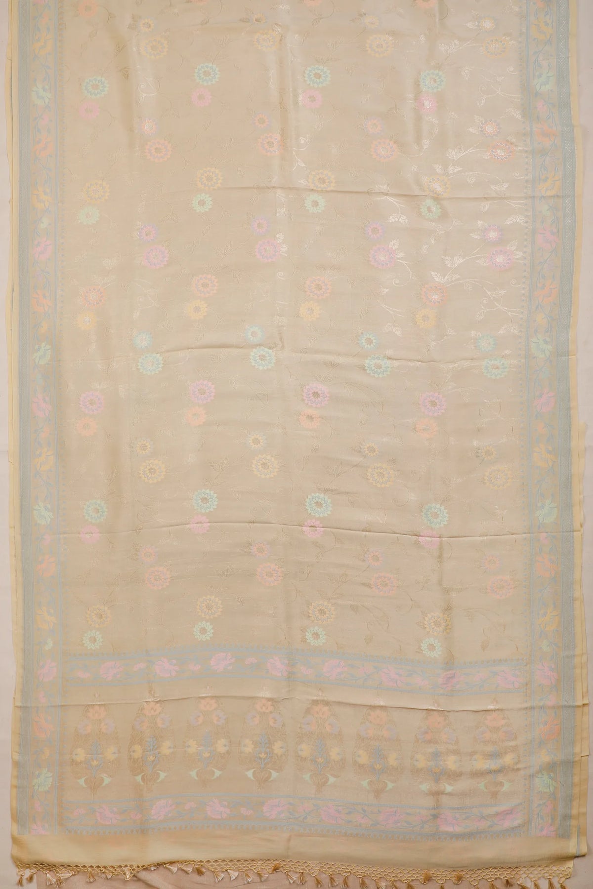 Cream Handloom Benarasi Tussar Moonga Pure Sillk Saree