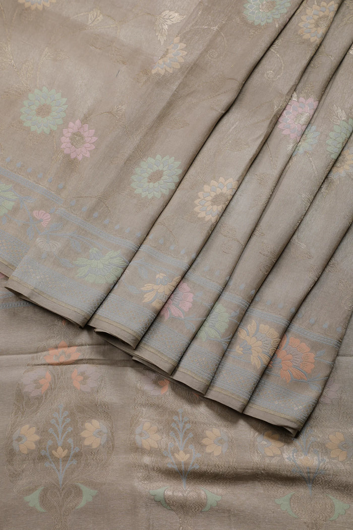 Slate Grey Handloom Benarasi Tussar Moonga Pure Sillk Saree