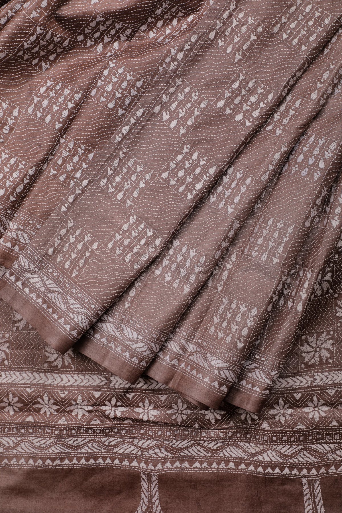 Brown Handloom Tussar Pure Silk Saree with Katha Work