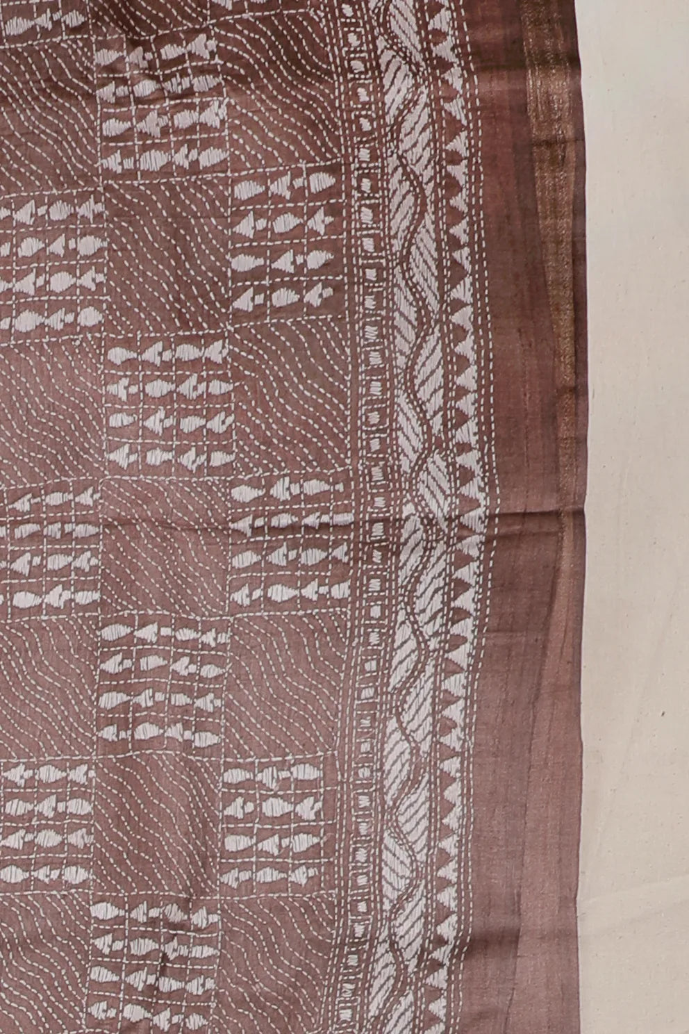 Brown Handloom Tussar Pure Silk Saree with Katha Work