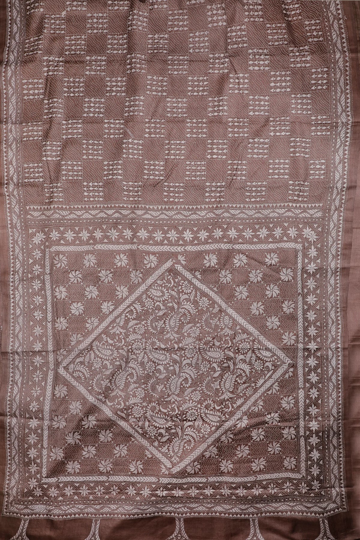 Brown Handloom Tussar Pure Silk Saree with Katha Work