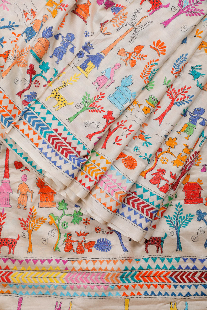 White Handloom Tussar Pure Silk Saree with Katha Work
