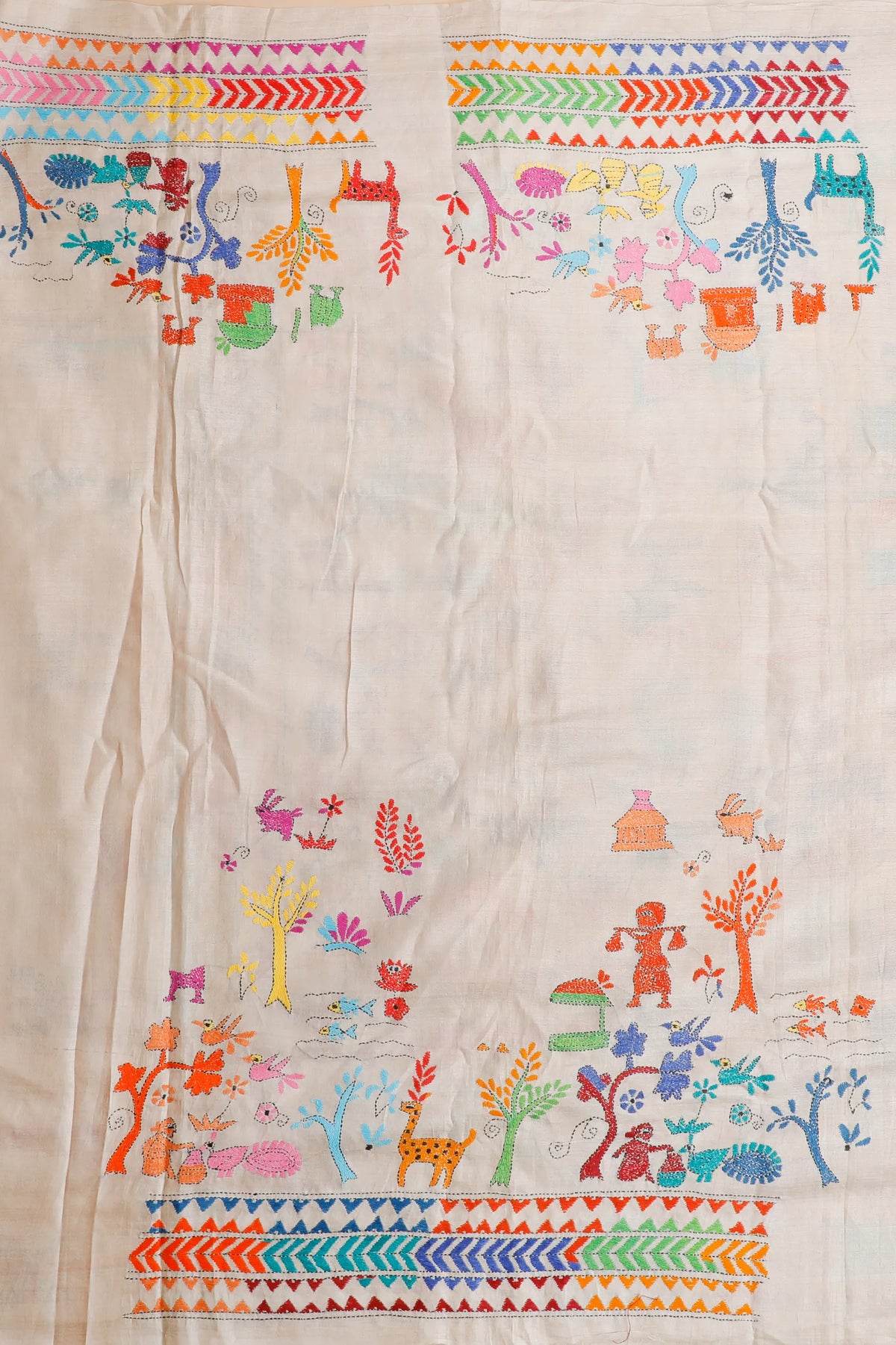 White Handloom Tussar Pure Silk Saree with Katha Work
