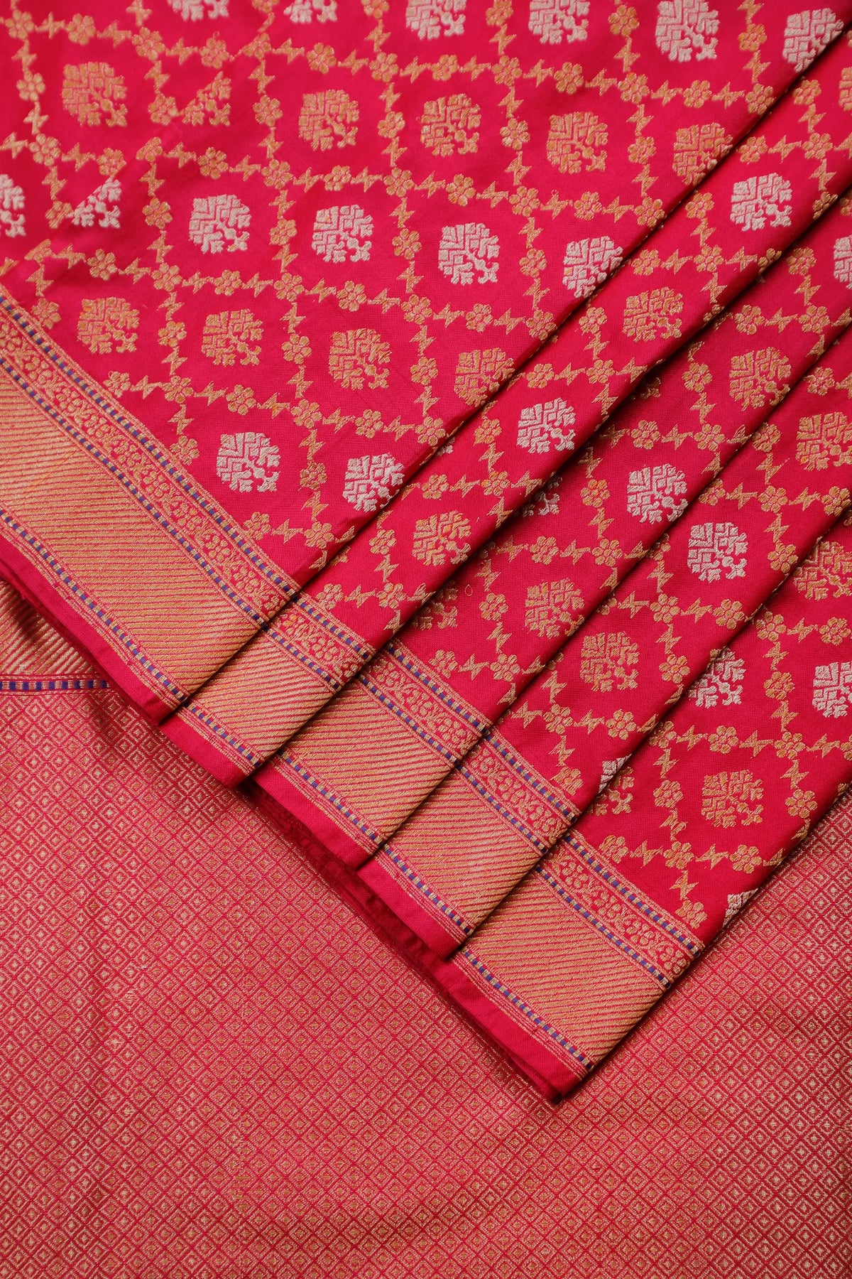 Red Handloom Real Zari Pure Silk Benarasi Saree - Revival Design