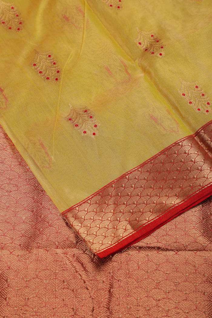 Lemon Yellow Handloom Pure Silk Tissue Chanderi Saree