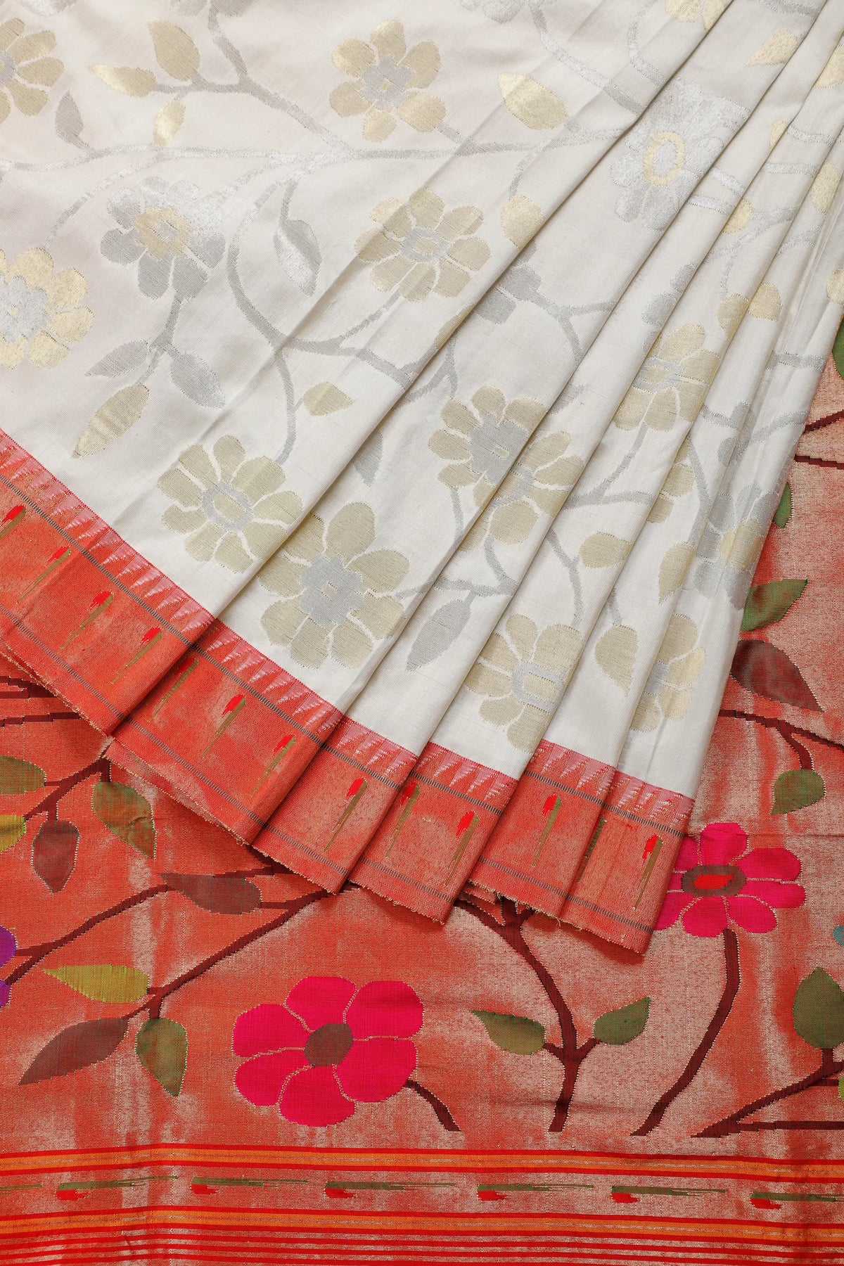 Off-White Pure Silk Handloom Tissue Paithani with All Over Design & Sonaroopa Zari