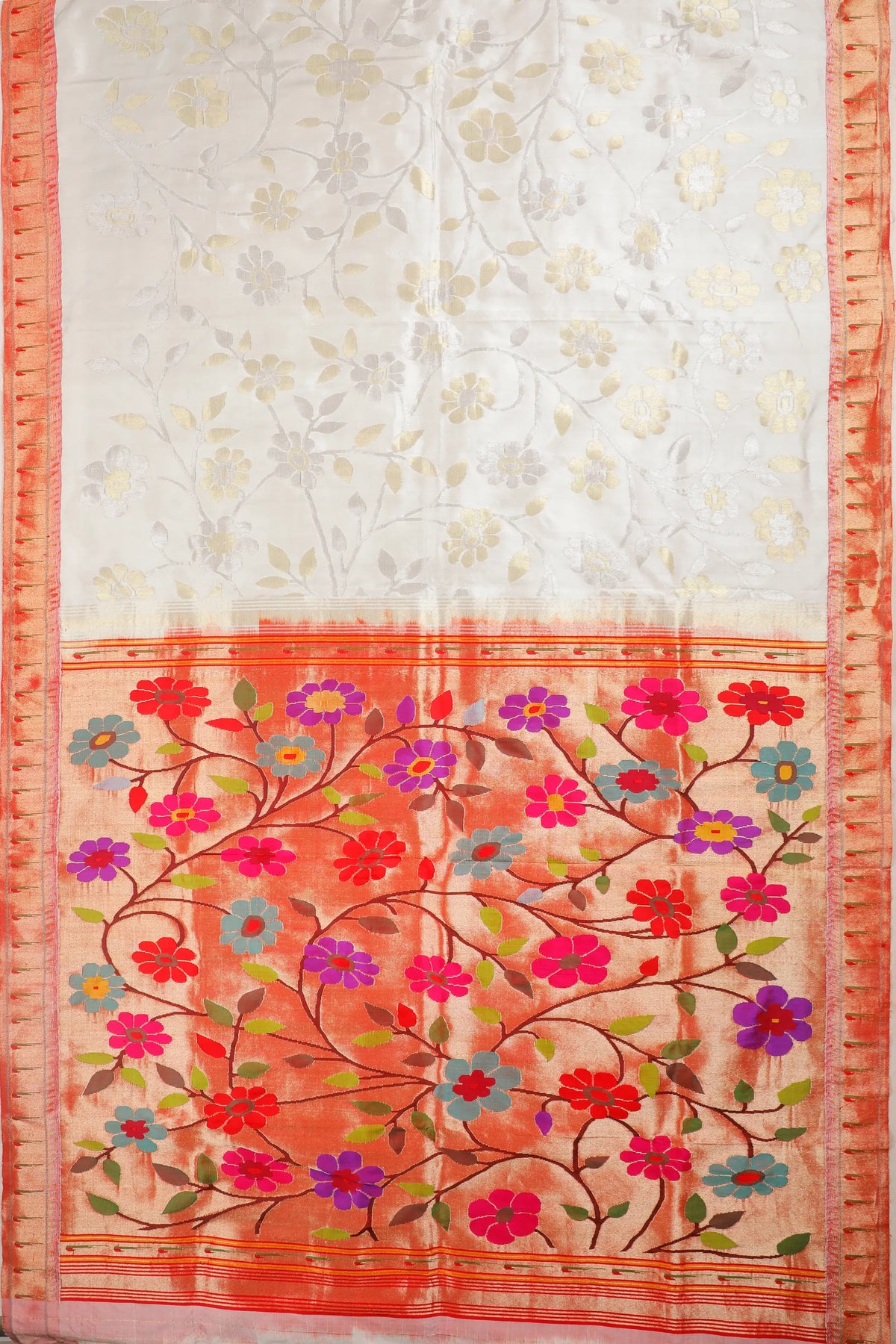 Off-White Pure Silk Handloom Tissue Paithani with All Over Design & Sonaroopa Zari