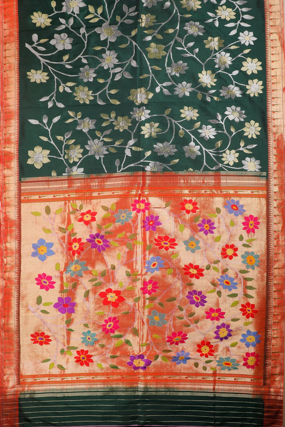 Dark Green Pure Silk by Silk Handloom Paithani Saree with All Over Design