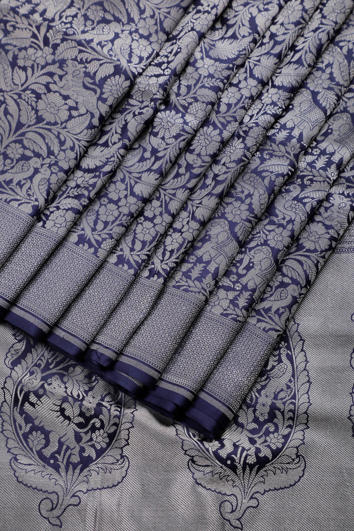 Ink Blue Handloom Benarasi Katan Silk Saree - Shikargah Design