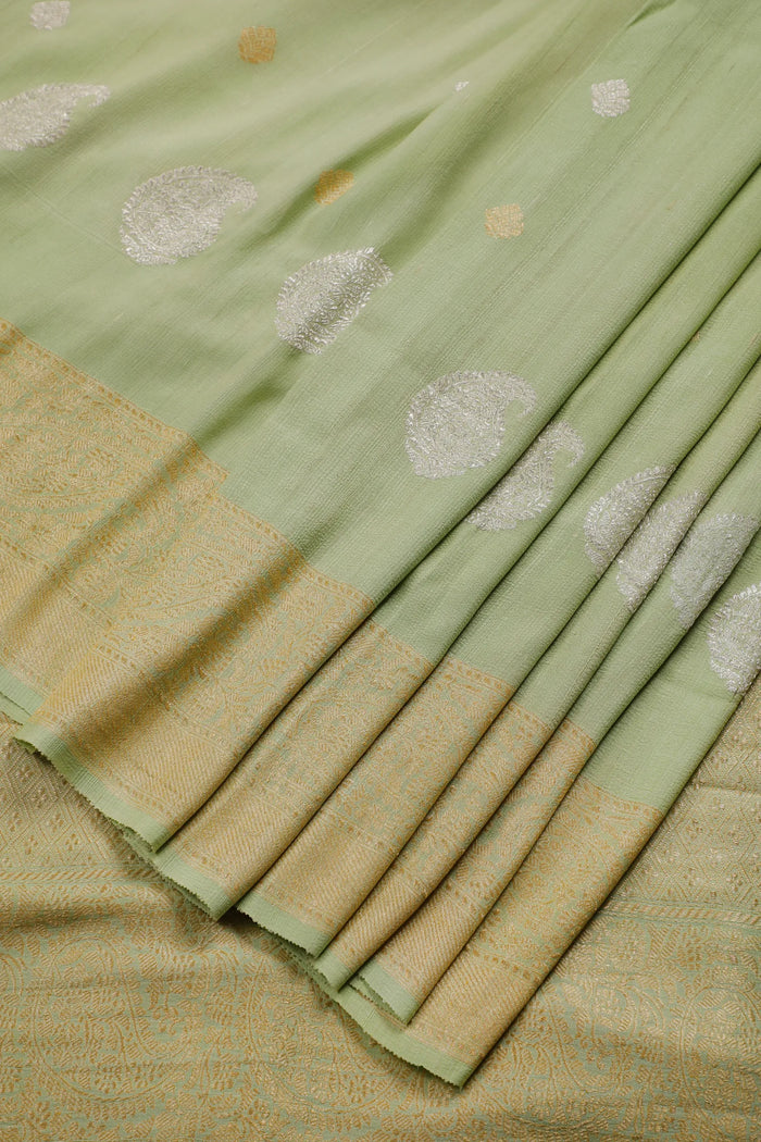 Pista Green Handloom Benarasi Tussar Moonga Pure Sillk Saree