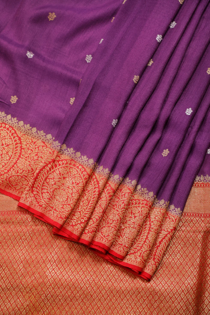 Purple Handloom Benarasi Tussar Moonga Pure Sillk Saree with Meenakari Work