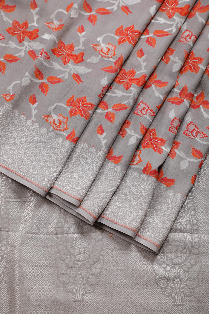 Grey Handloom Benarasi Tussar Moonga Pure Sillk Saree
