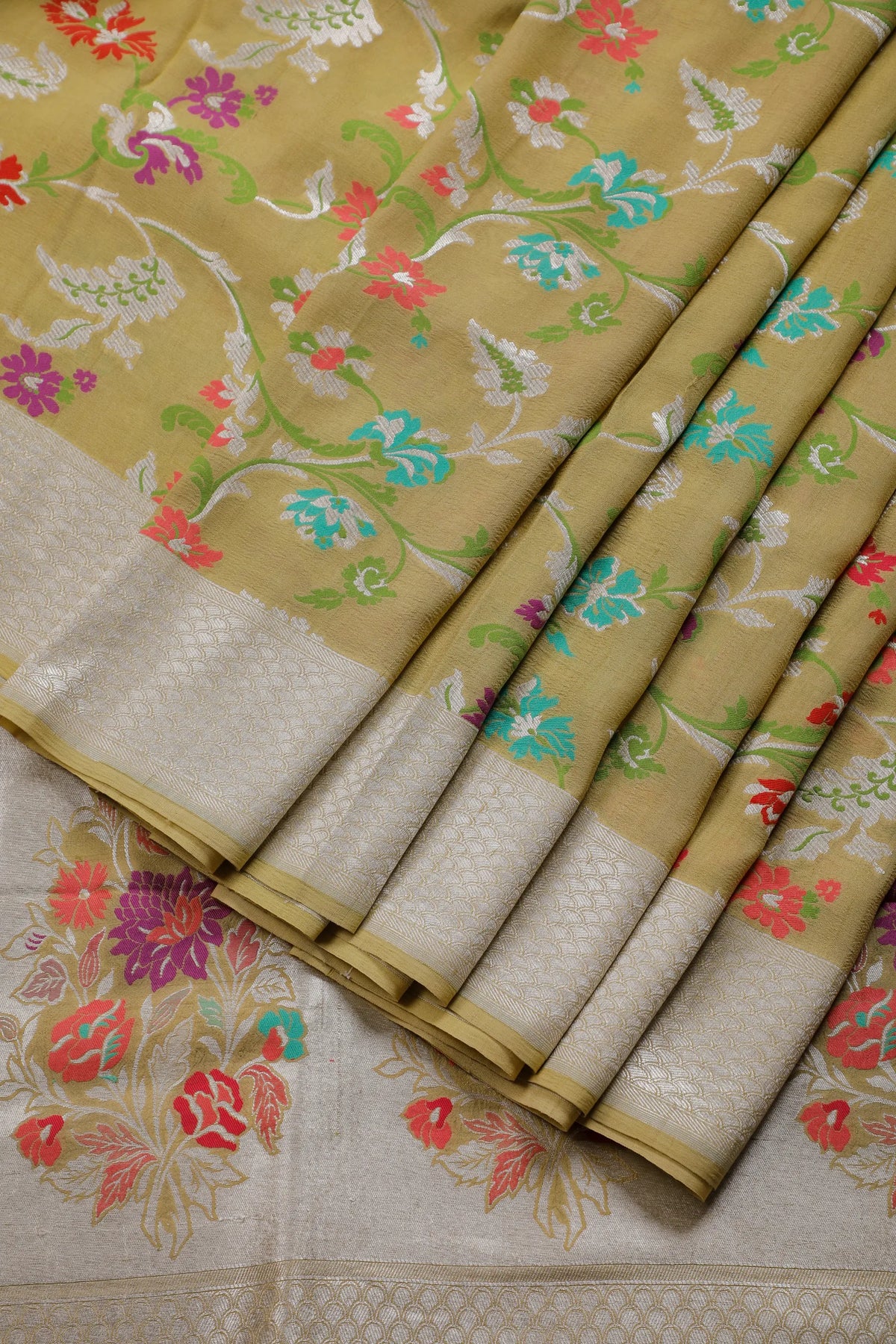 Olive Green Handloom Benarasi Tussar Moonga Pure Sillk Saree