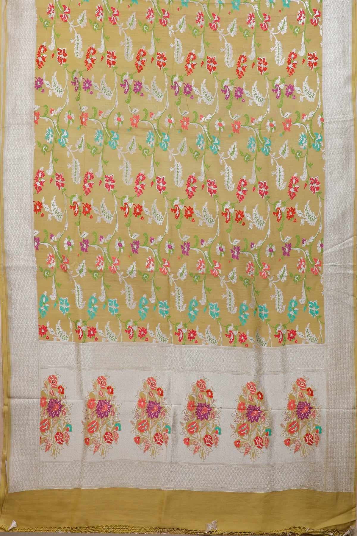 Olive Green Handloom Benarasi Tussar Moonga Pure Sillk Saree