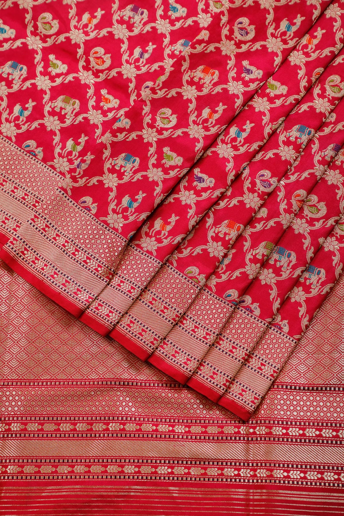 Hot Pink Real Zari Pure Silk Benarasi Saree - Revival Design with Meenakari Work