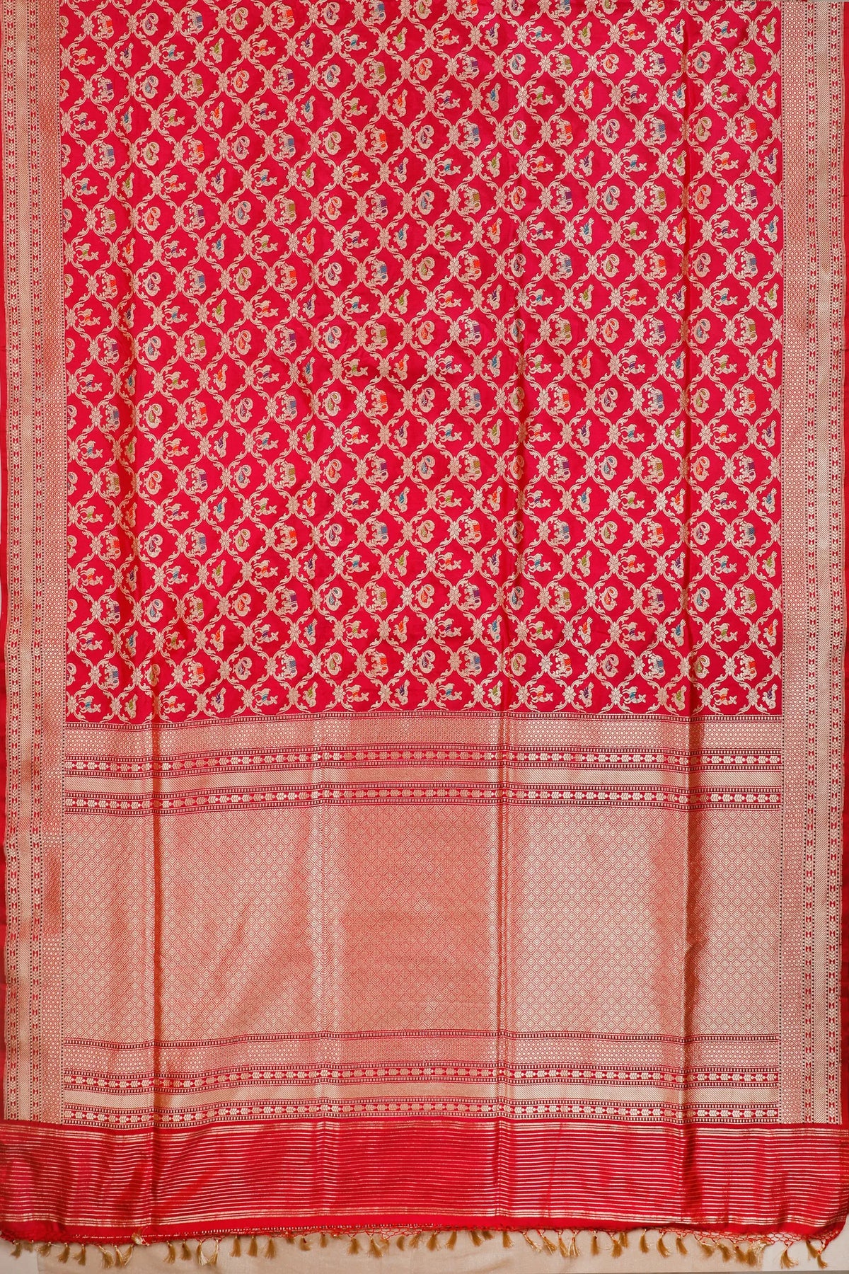 Hot Pink Real Zari Pure Silk Benarasi Saree - Revival Design with Meenakari Work