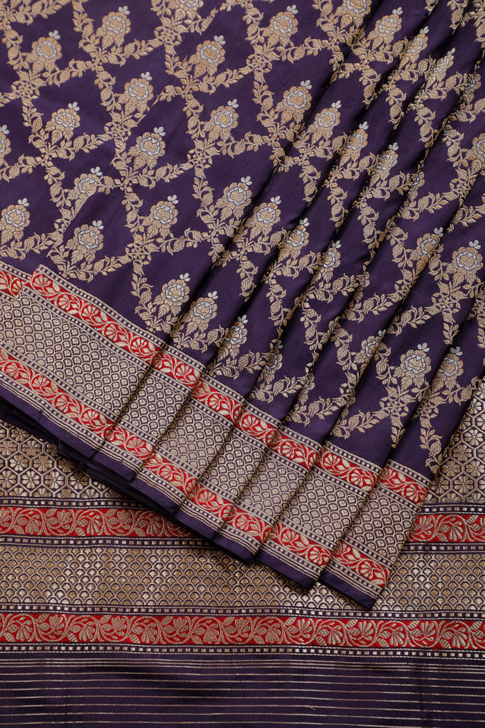 Purple Real Zari Pure Silk Benarasi Saree - Revival Design