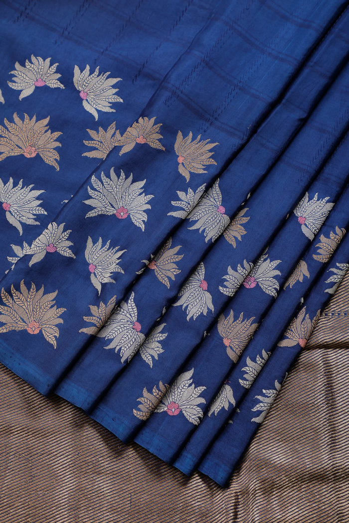 Navy Blue Handloom Benarasi Katan Silk Brocade Saree