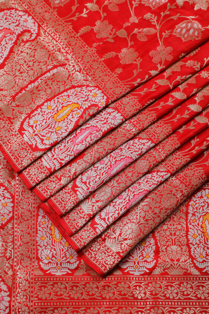 Red Handloom Benarasi Katan Silk Saree with Paisley Design