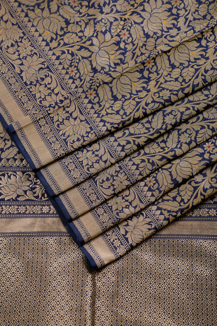 Navy Blue Handloom Benarasi Brocade Katan Silk Saree