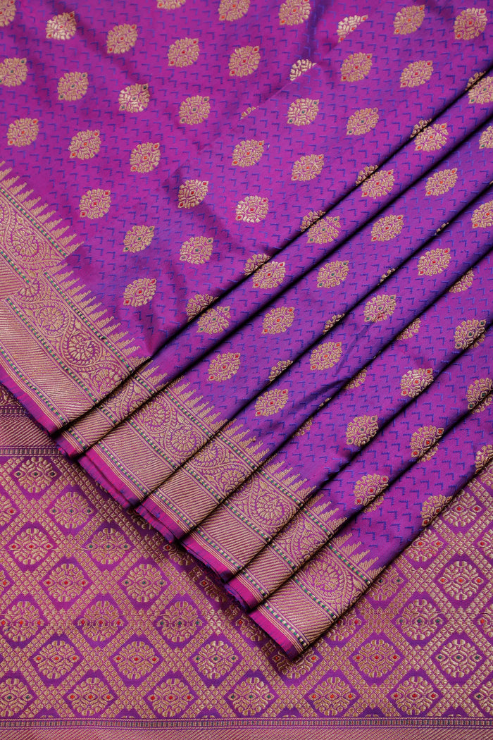 Purple Handloom Real Zari Pure Silk Benarasi Saree - Revival Design