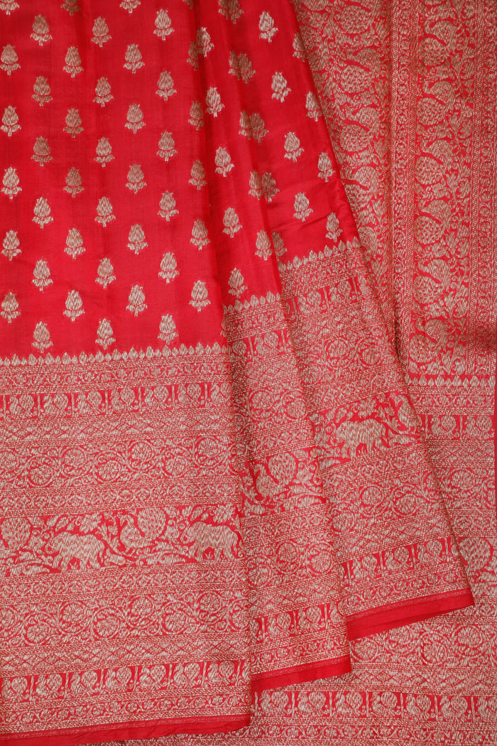 Red Chinia Benarasi Pure Silk Saree with Antique Zari