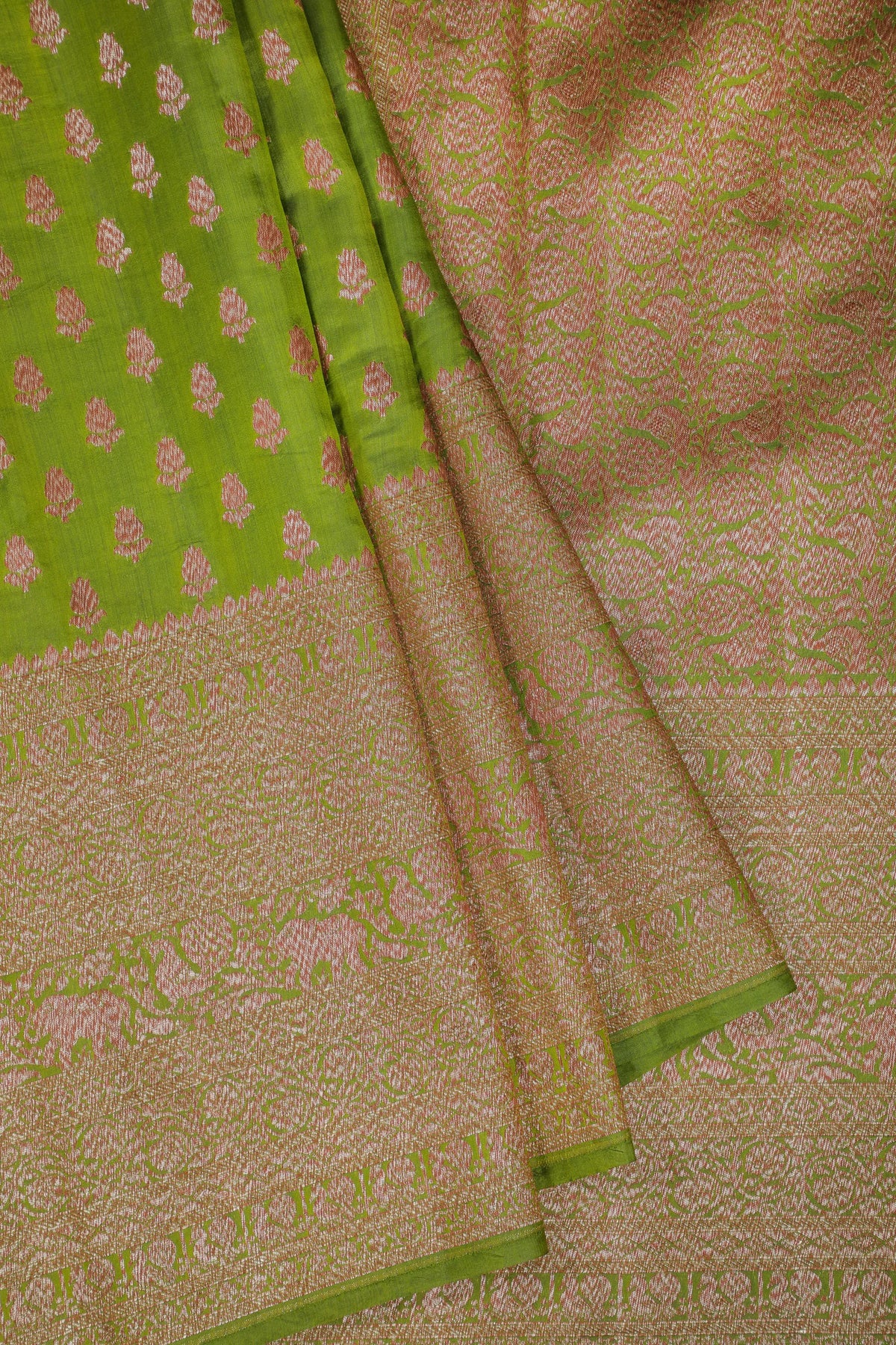 Parrot Green Chinia Benarasi Pure Silk Saree with Antique Zari