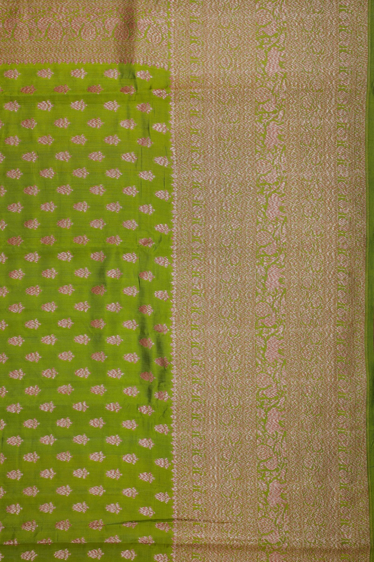Parrot Green Chinia Benarasi Pure Silk Saree with Antique Zari