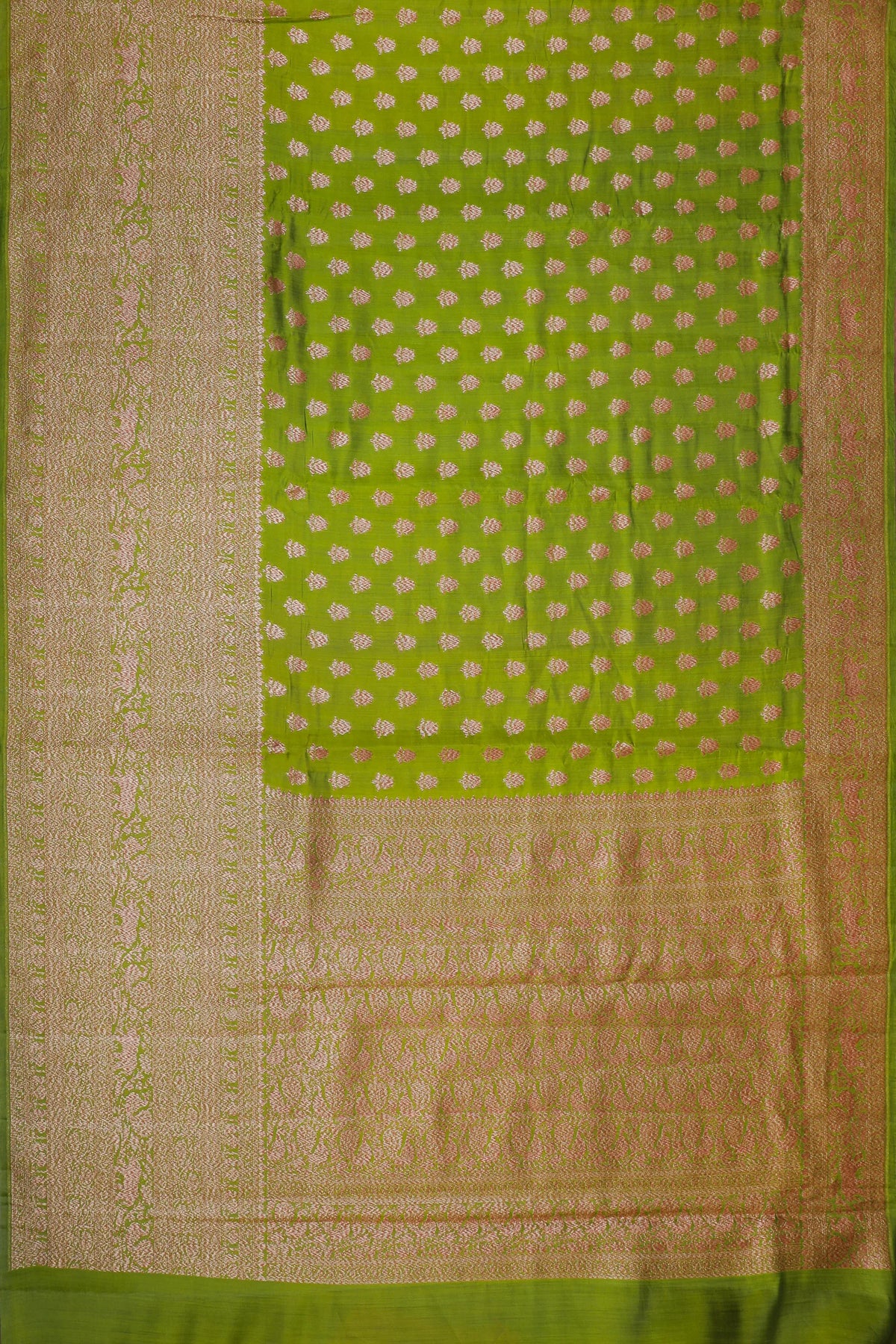 Parrot Green Chinia Benarasi Pure Silk Saree with Antique Zari