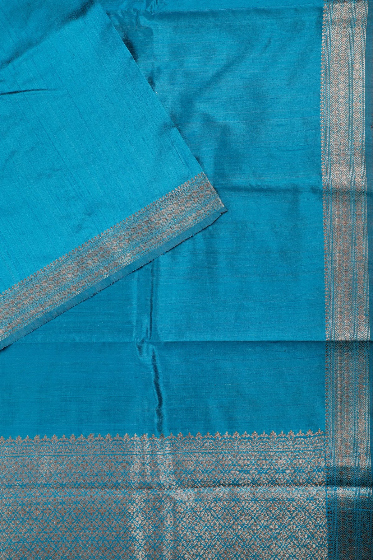 Teal Blue Handloom Raw Silk Saree with Striped Blouse Piece