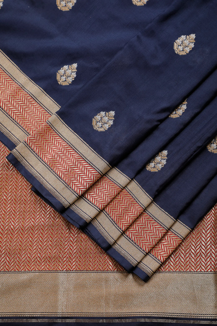 Navy Blue Real Zari Pure Silk Benarasi Saree - Revival Design