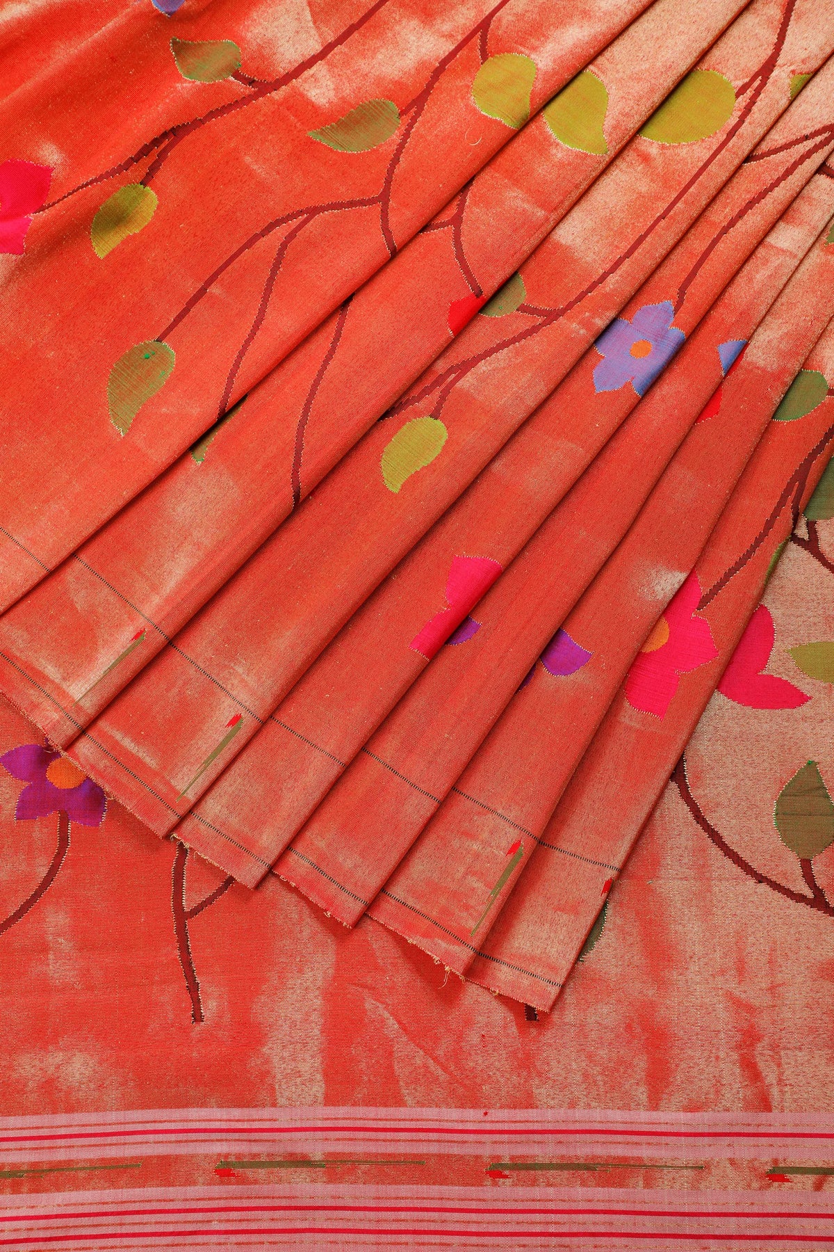 Red Pure Silk Handloom Tissue Paithani with All Over Design and Spaced out Floral Pattern