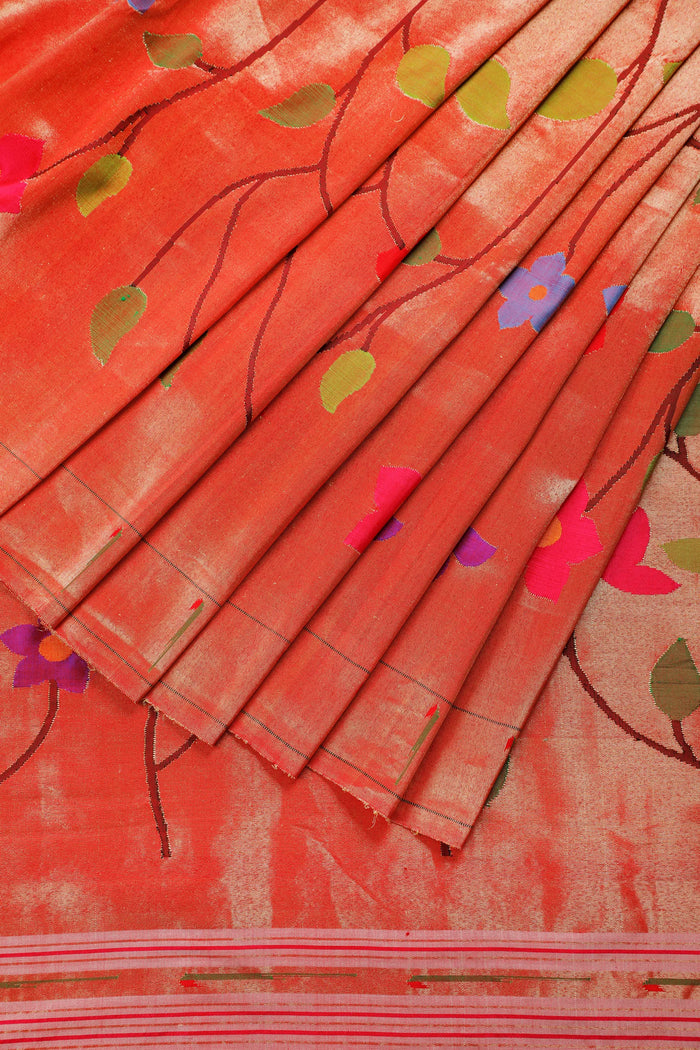 Red Pure Silk Handloom Tissue Paithani with All Over Design and Spaced out Floral Pattern
