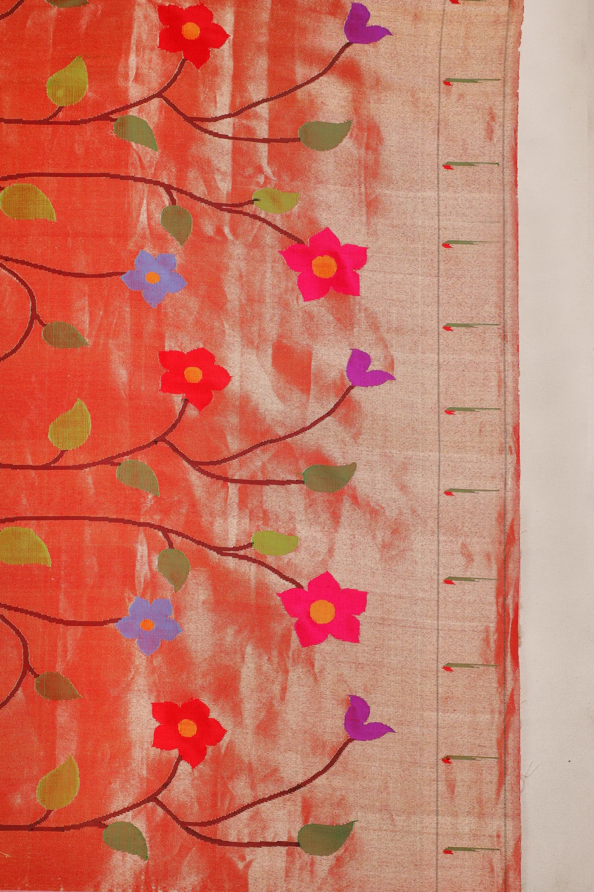 Red Pure Silk Handloom Tissue Paithani with All Over Design and Spaced out Floral Pattern