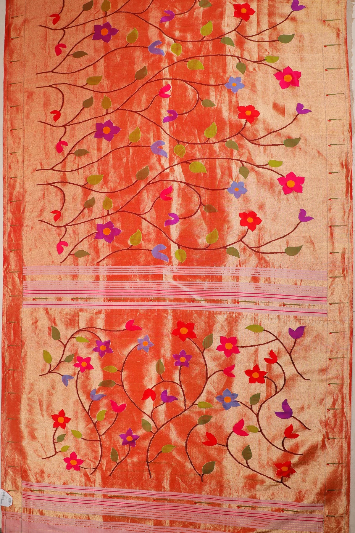 Red Pure Silk Handloom Tissue Paithani with All Over Design and Spaced out Floral Pattern