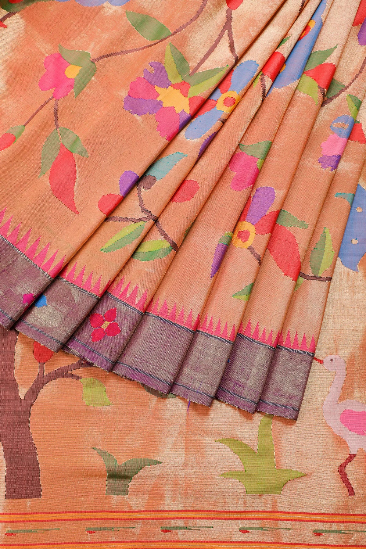 Peach Pure Silk Handloom Tissue Paithani with All Over Design & Floral Borders