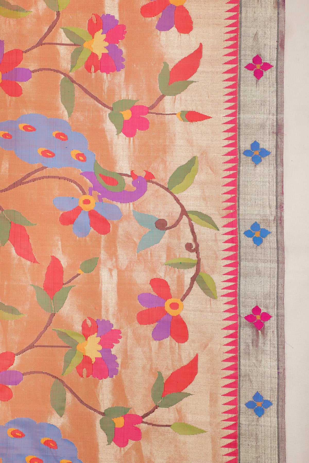 Peach Pure Silk Handloom Tissue Paithani with All Over Design & Floral Borders