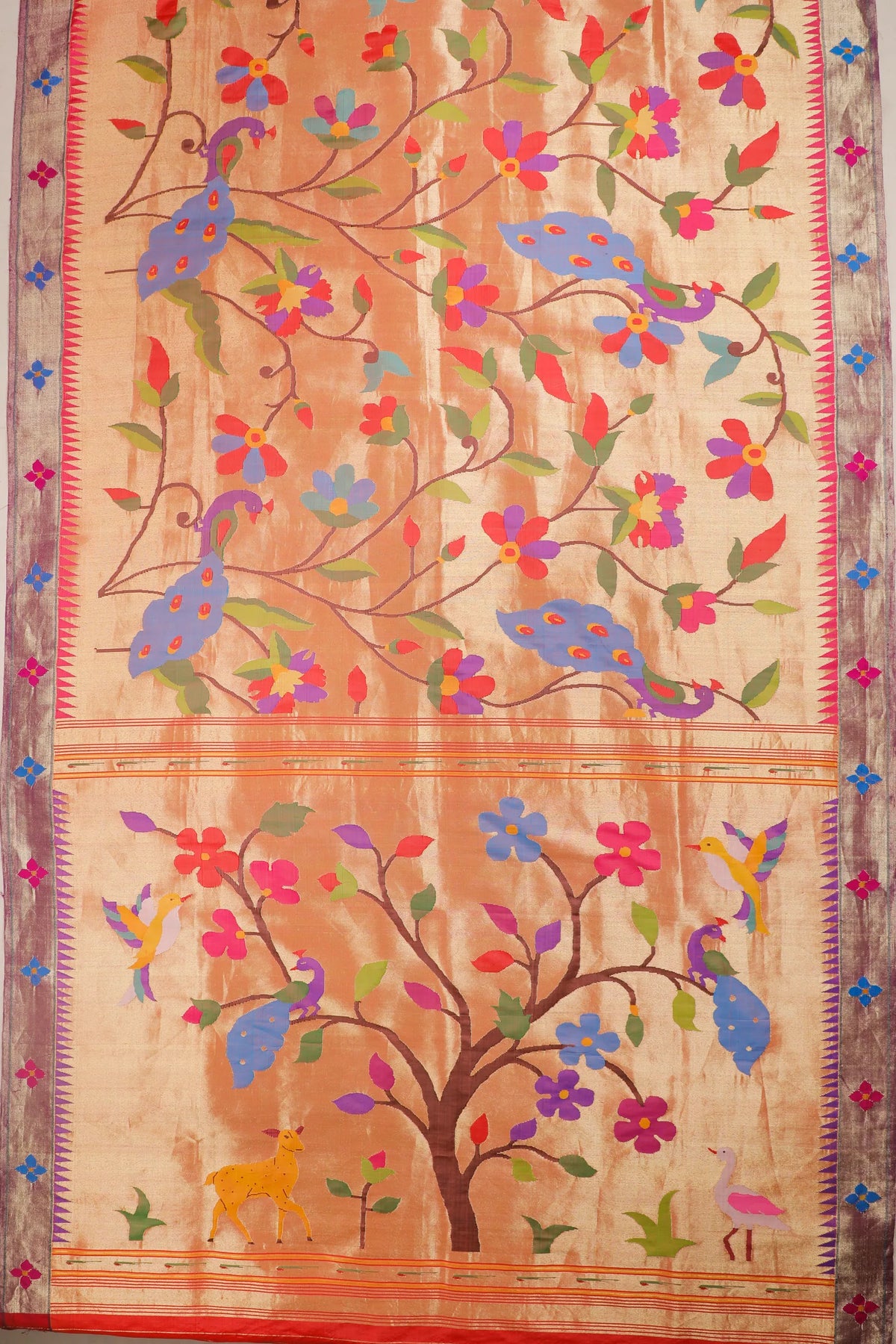 Peach Pure Silk Handloom Tissue Paithani with All Over Design & Floral Borders