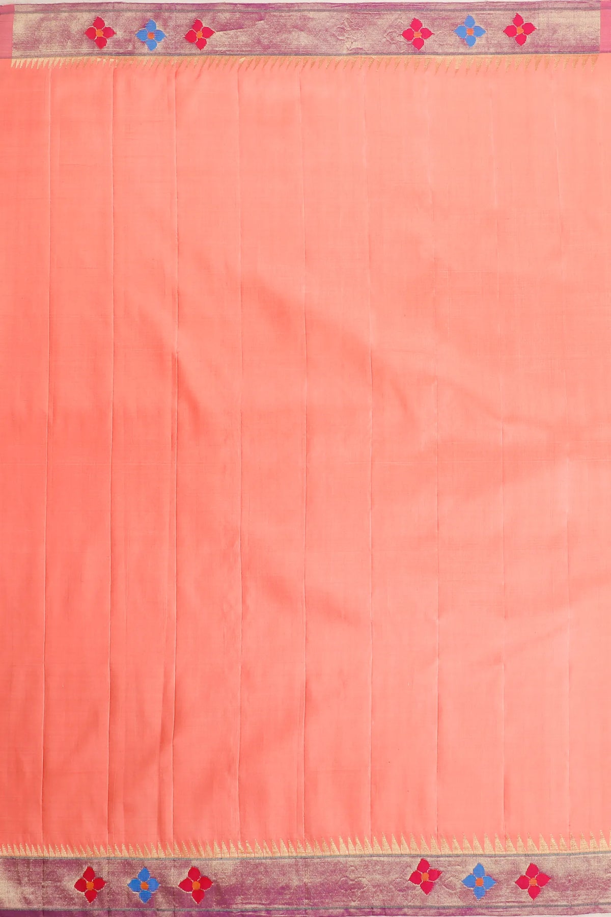 Peach Pure Silk Handloom Tissue Paithani with All Over Design & Floral Borders