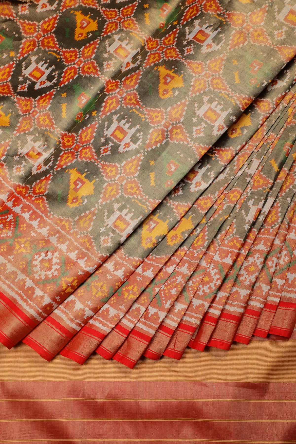 Olive Green Pure Silk Handloom Tissue Rajkot Patola Saree