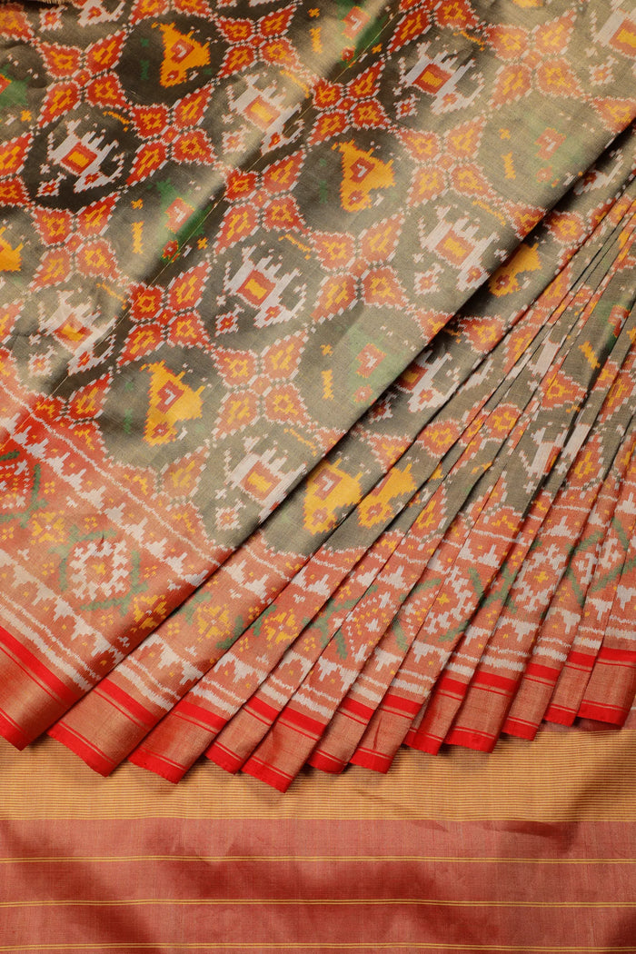Olive Green Pure Silk Handloom Tissue Rajkot Patola Saree