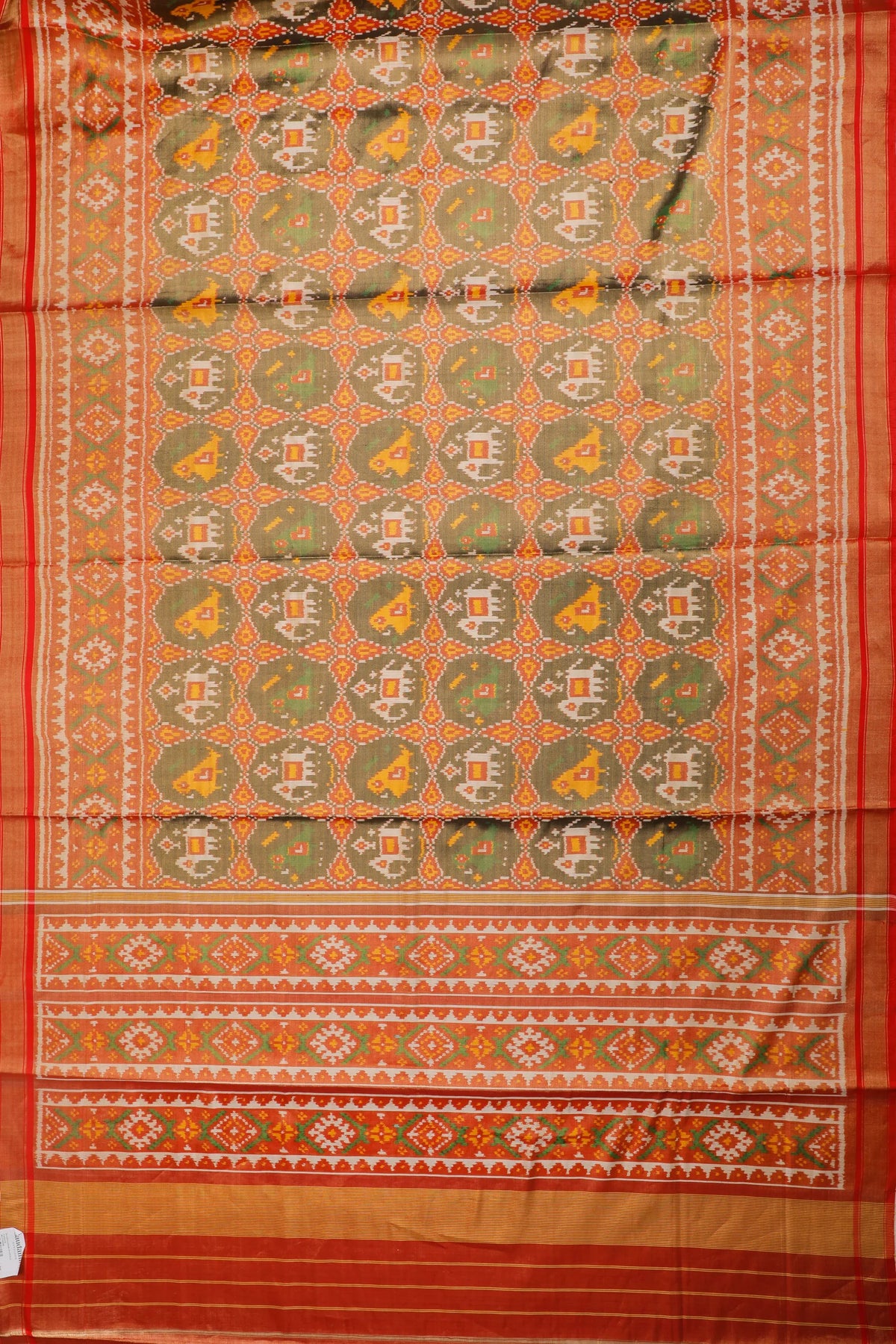 Olive Green Pure Silk Handloom Tissue Rajkot Patola Saree