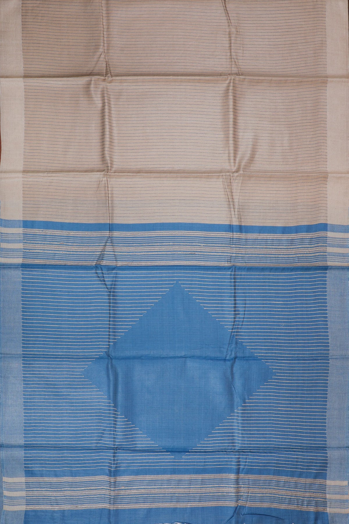 Beige Handloom Mooga Silk Tussar Saree with Blue Contrast Pallu