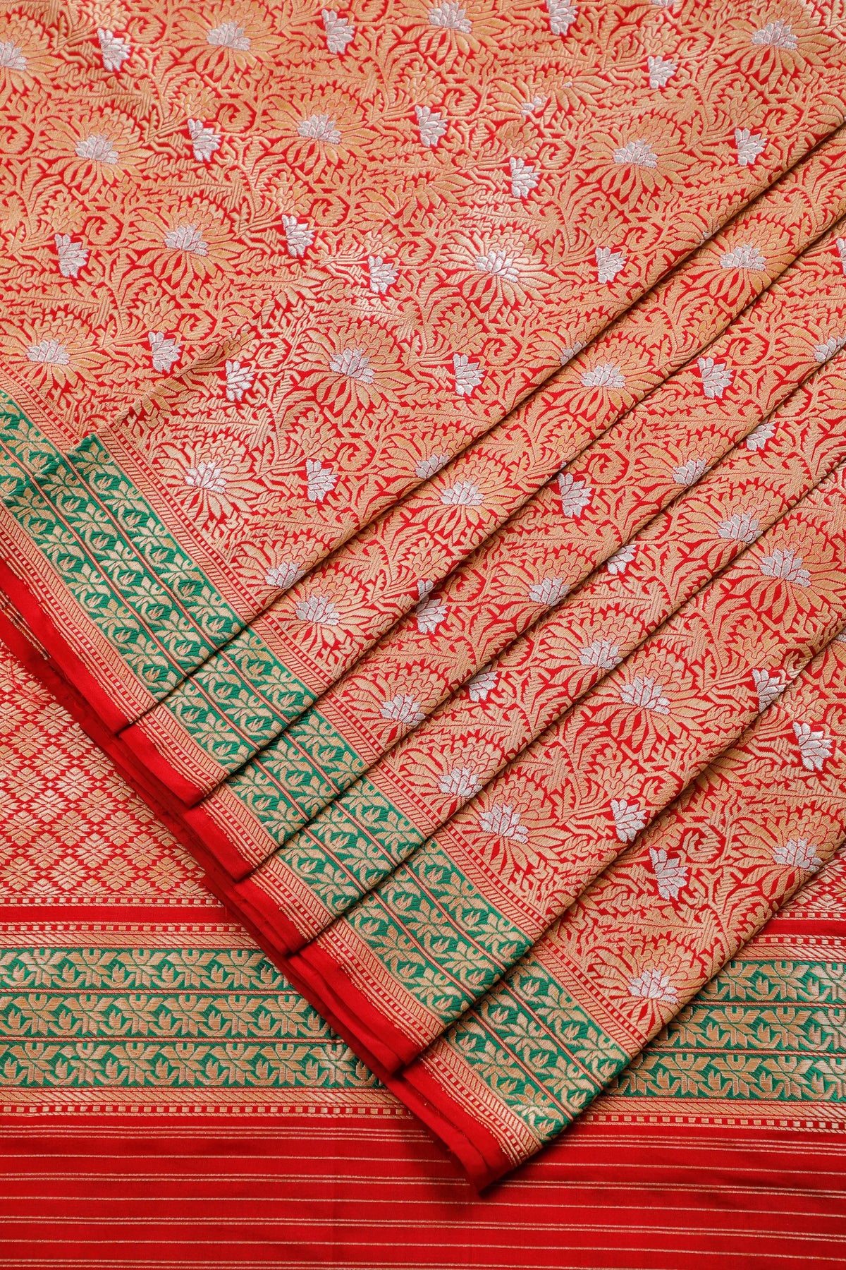 Red Real Zari Pure Silk Benarasi Saree - Revival Design wirh Sonaroopa Zari
