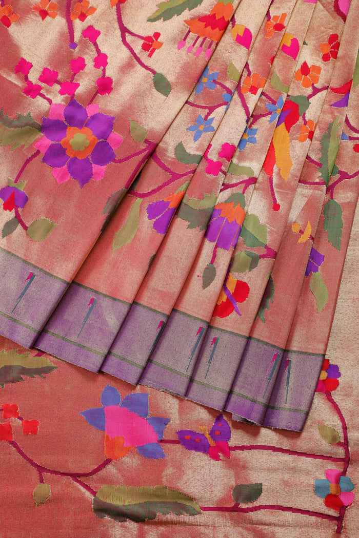 Pink Pure Silk Handloom Tissue Paithani Saree with All Over Design