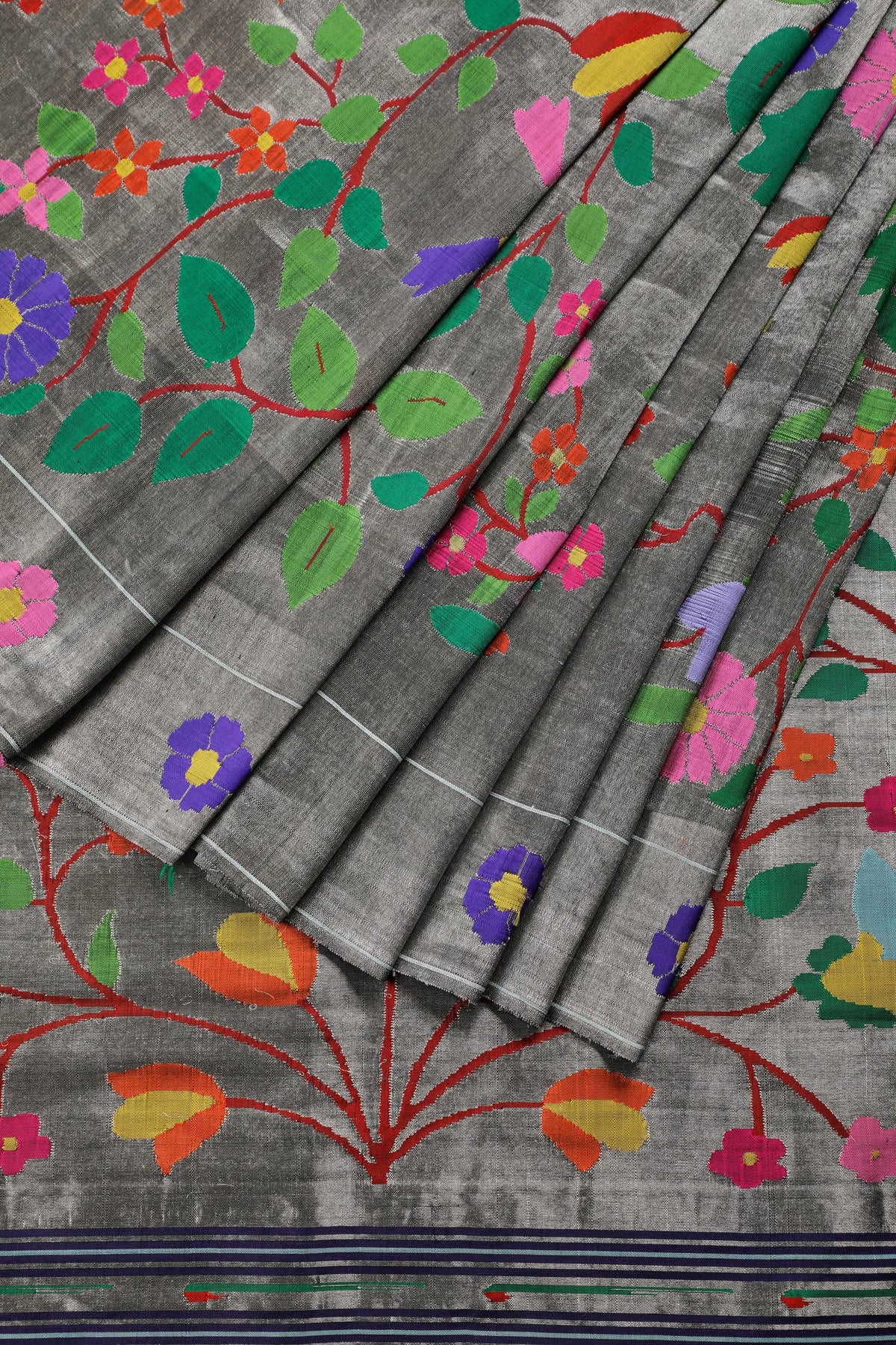 Navy Blue Pure Silk Handloom Tissue Paithani with All Over Design